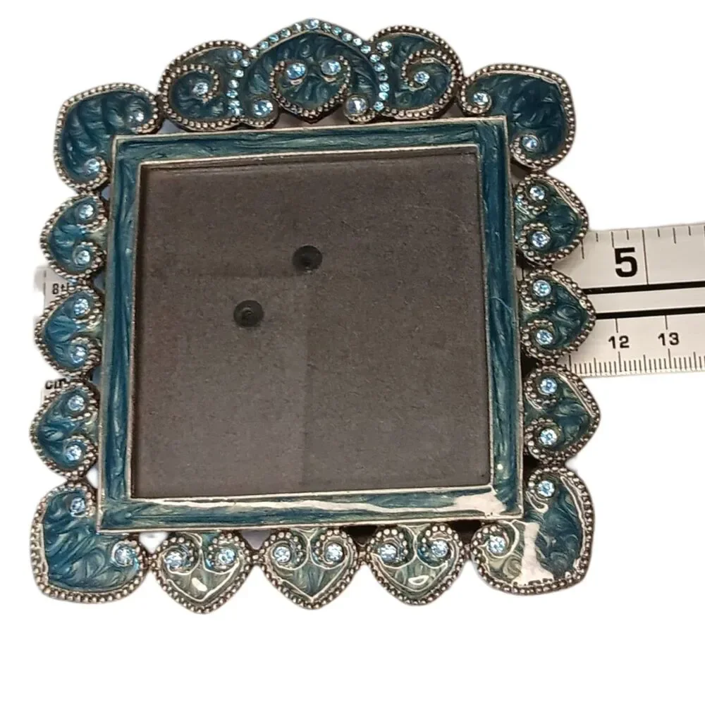 Blue & Green Enamel Swirl & Blue Rhinestones Square Miniature Photo Frame 4.5